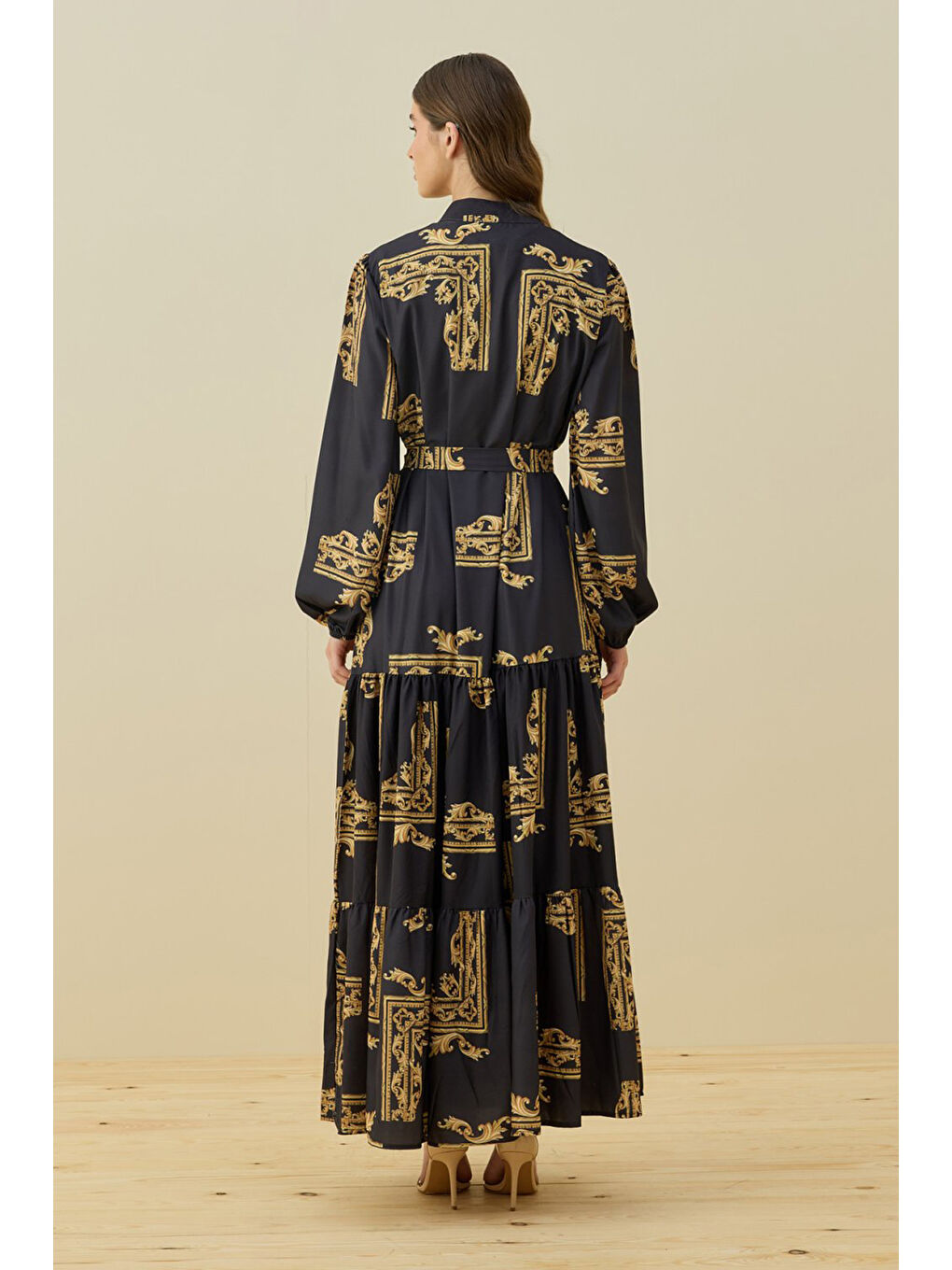 Sarı Desenli Ester Elbise 1662 Gold-3