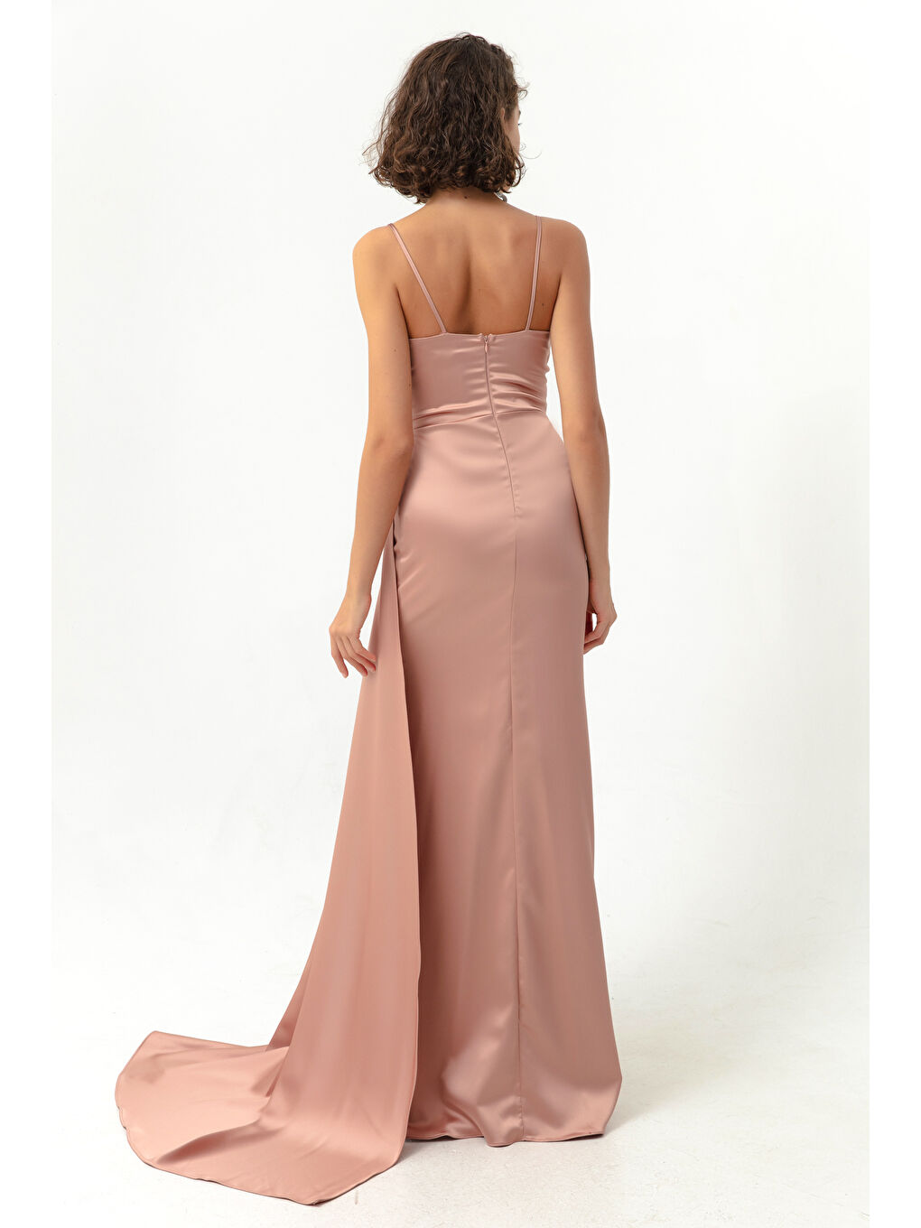 Pembe Kadın Pudra Askılı Uzun Saten Abiye Elbise & Mezuniyet Elbisesi-4