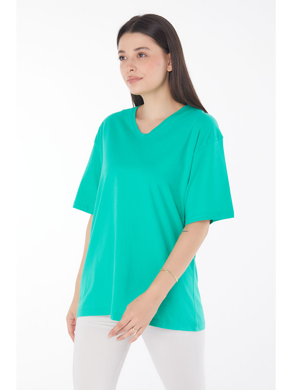 V Yaka T-Shirt Açik Yeşil - 25767-1