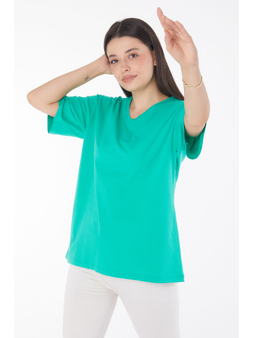 V Yaka T-Shirt Açik Yeşil - 25767-2