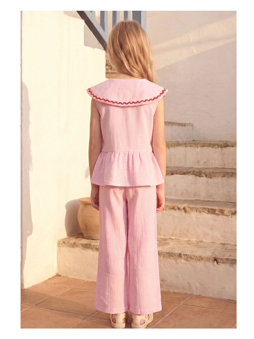 Kız Çocuk Pamuklu Pembe Bebe Yaka Kalp Cep Detaylı Bluz Pantolon Takım-2