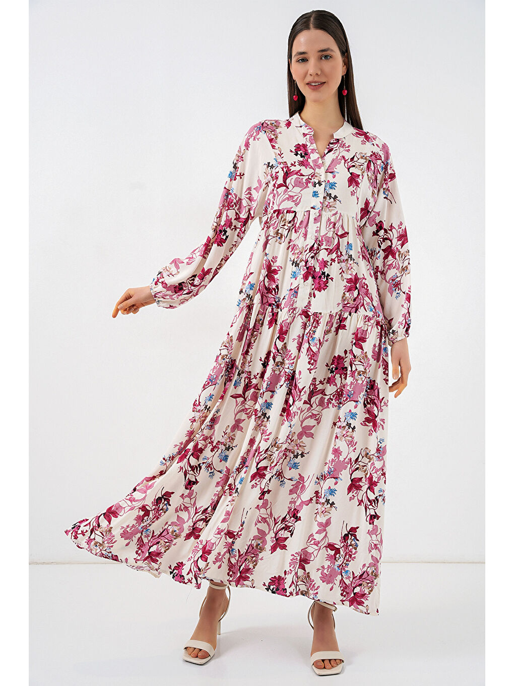 Kadın Desenli Uzun Tesettür Elbise 2585 - M. Kırmızı-1