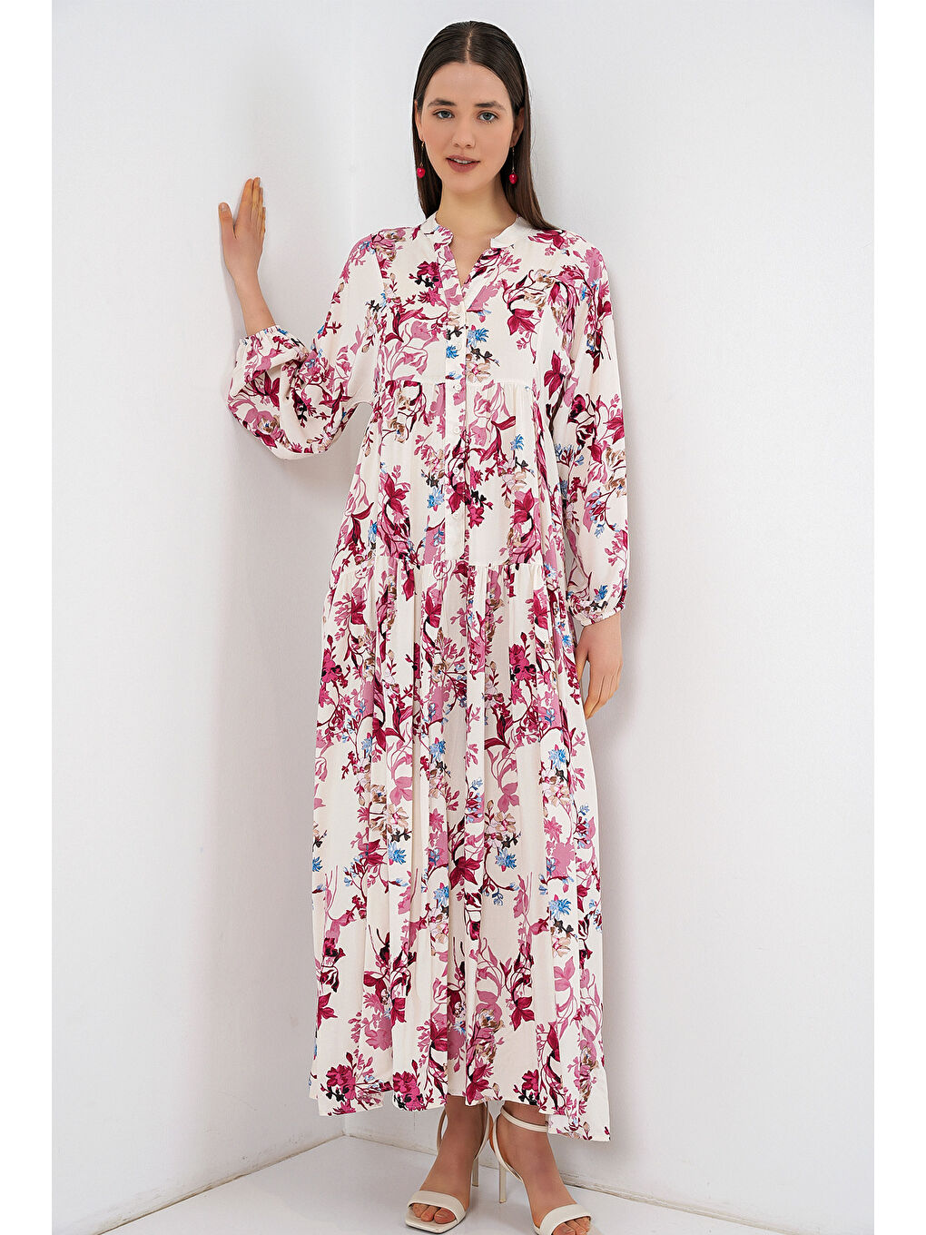 Kadın Desenli Uzun Tesettür Elbise 2585 - M. Kırmızı-2