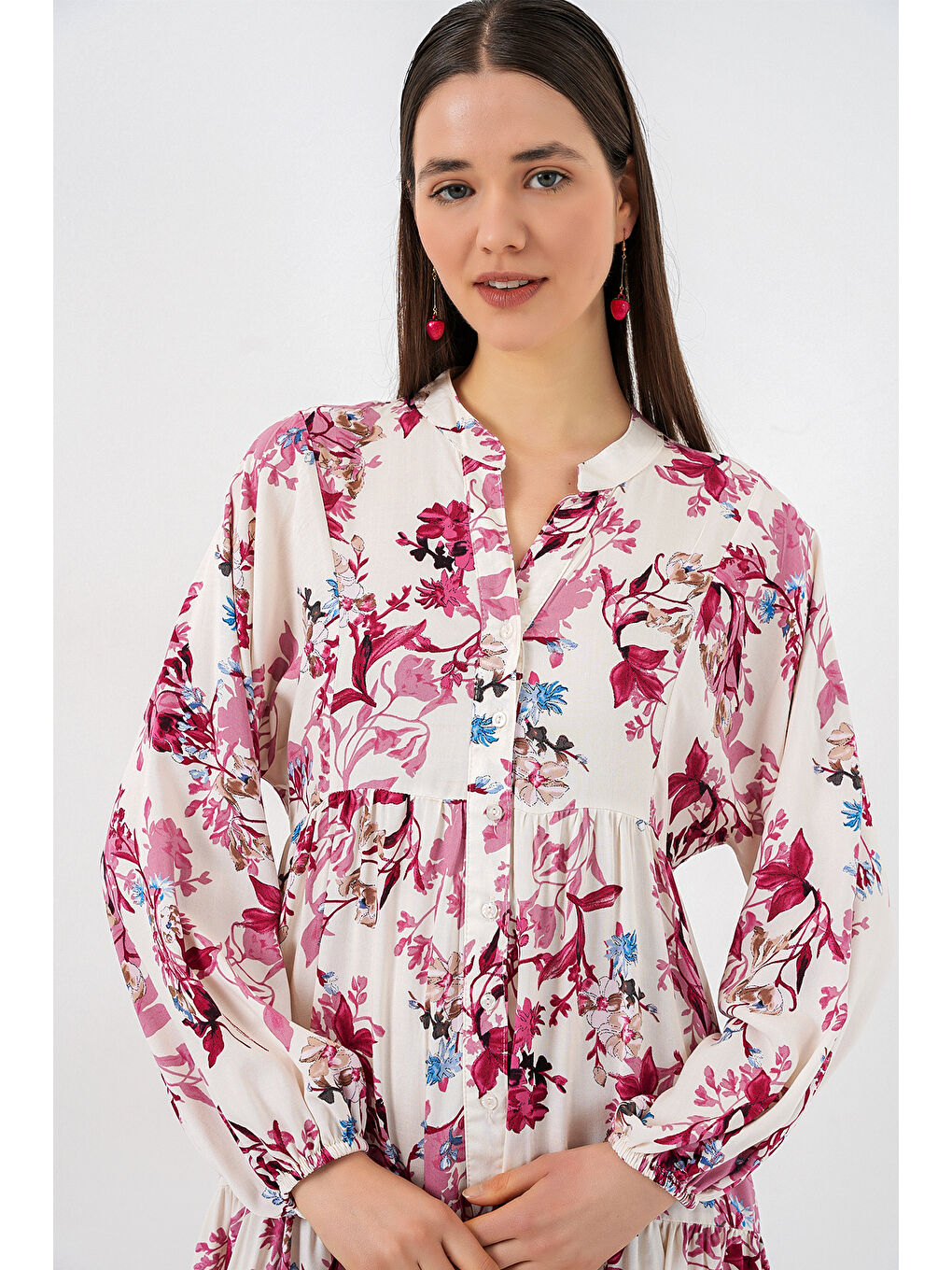 Kadın Desenli Uzun Tesettür Elbise 2585 - M. Kırmızı-3