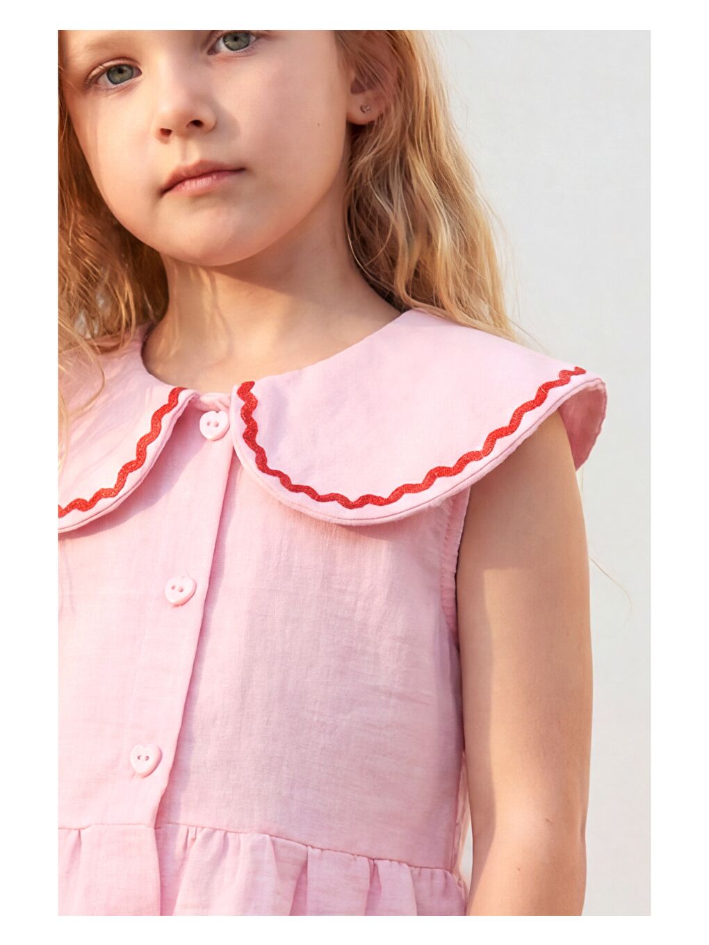 Kız Çocuk Pamuklu Pembe Bebe Yaka Kalp Cep Detaylı Bluz Pantolon Takım-3