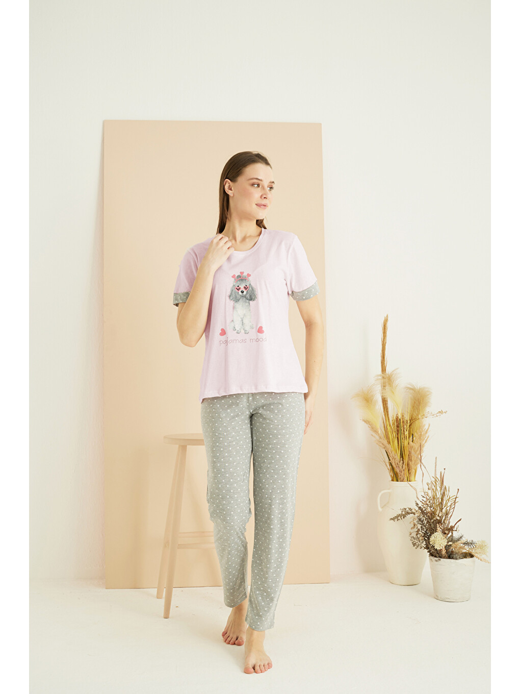 Pembe Desenli Pamuklu Bisiklet Yaka Örme Pijama Takım25103254-1
