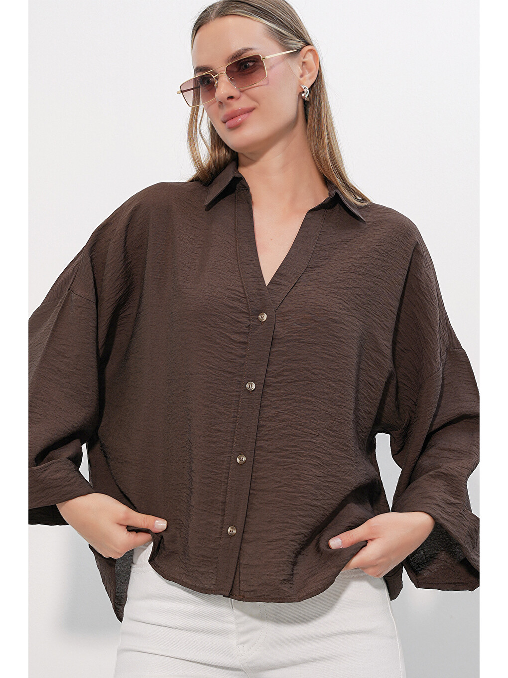 Kadın Geniş Kol Oversize Gömlek 20401 - Kahverengi-2