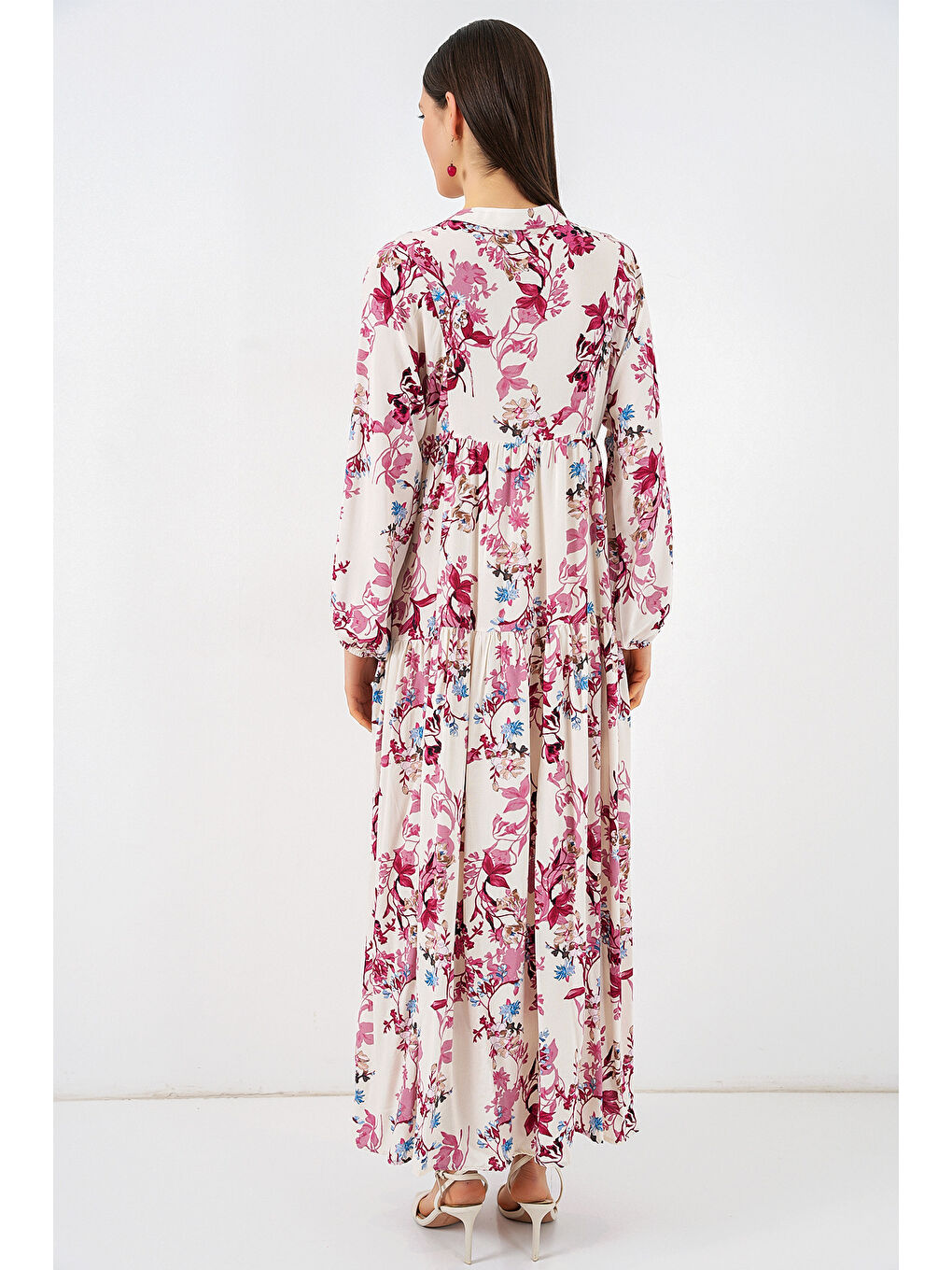 Kadın Desenli Uzun Tesettür Elbise 2585 - M. Kırmızı-5