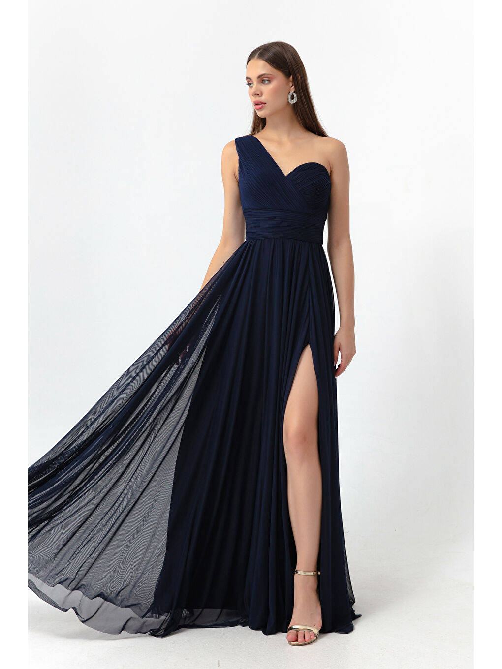 Kadın Lacivert Tek Omuz Yırtmaçlı Uzun Abiye Elbise