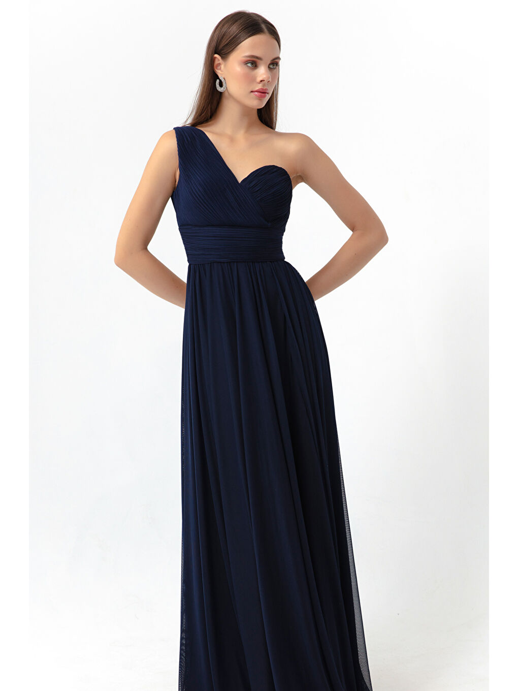 Kadın Lacivert Tek Omuz Yırtmaçlı Uzun Abiye Elbise-1