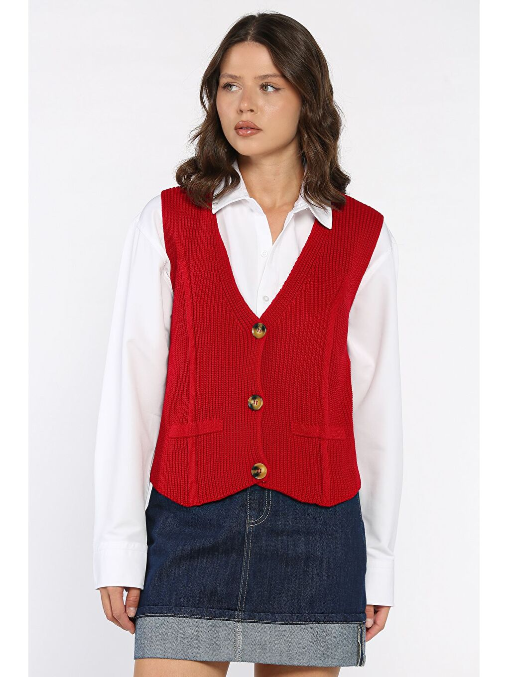 Kırmızı Kadın Düğmeli Triko Yelek (s-m-l-xl Uyumludur)