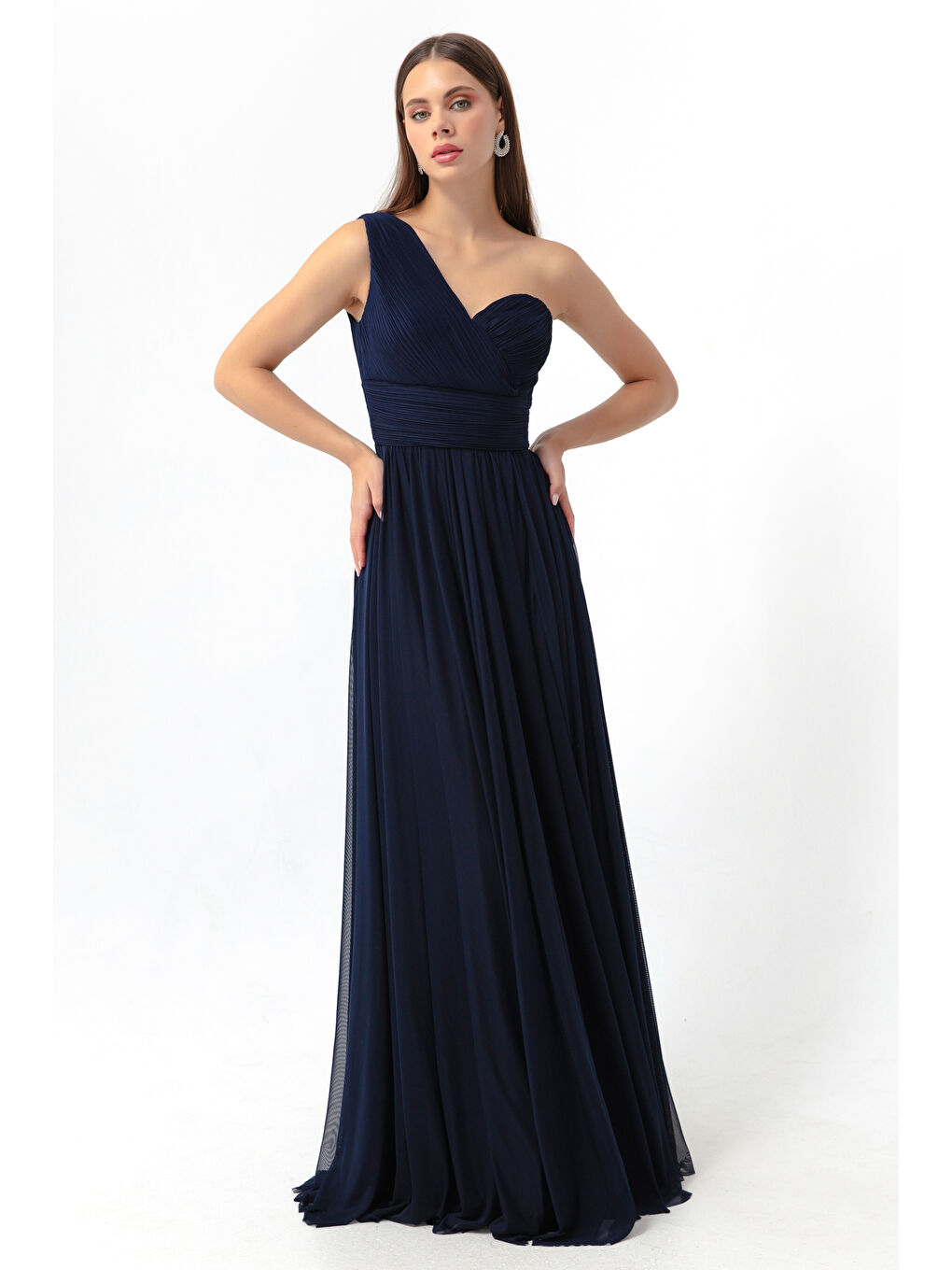 Kadın Lacivert Tek Omuz Yırtmaçlı Uzun Abiye Elbise-2