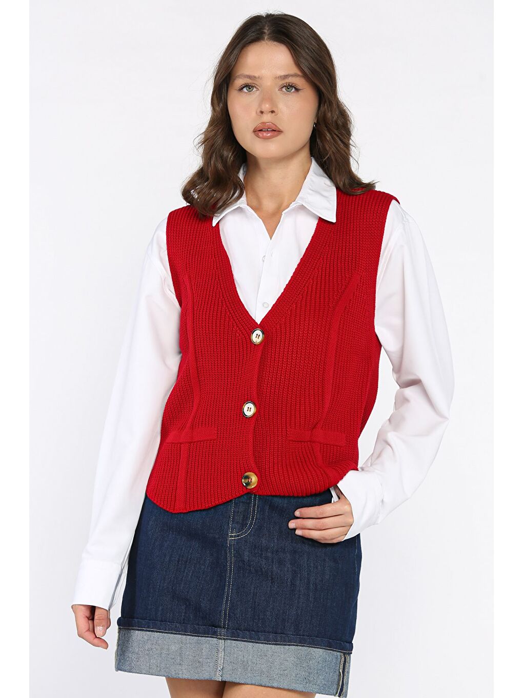 Kırmızı Kadın Düğmeli Triko Yelek (s-m-l-xl Uyumludur)-1