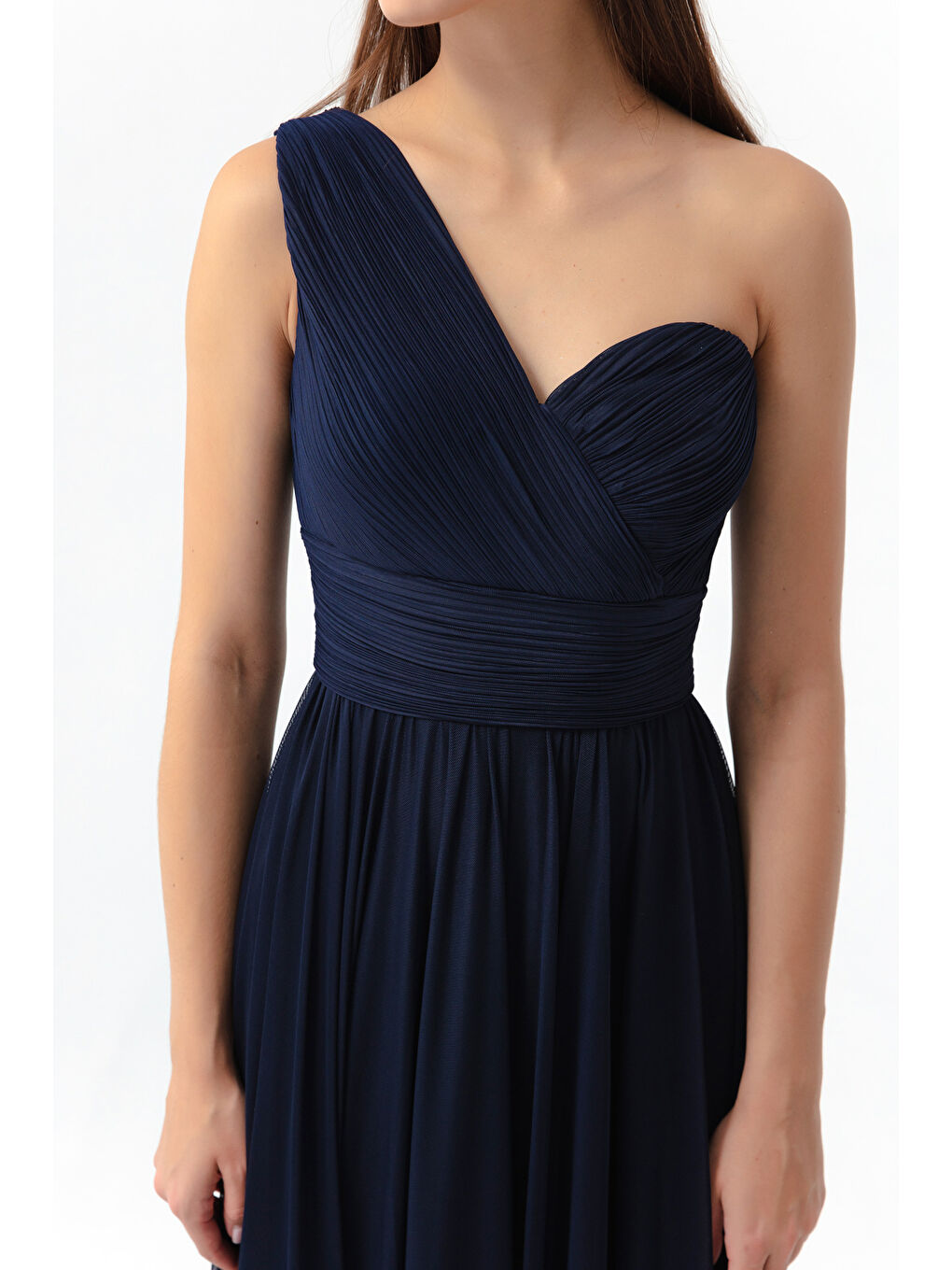 Kadın Lacivert Tek Omuz Yırtmaçlı Uzun Abiye Elbise-3