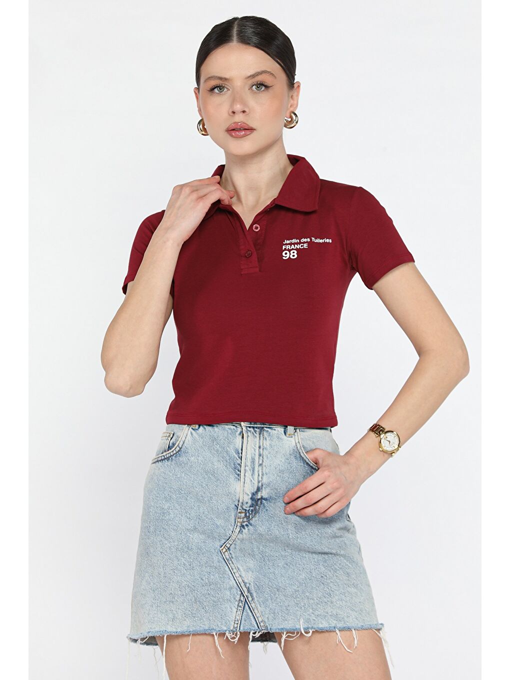 Bordo Polo Yaka Yarım Düğmeli Kadın Tişört-1