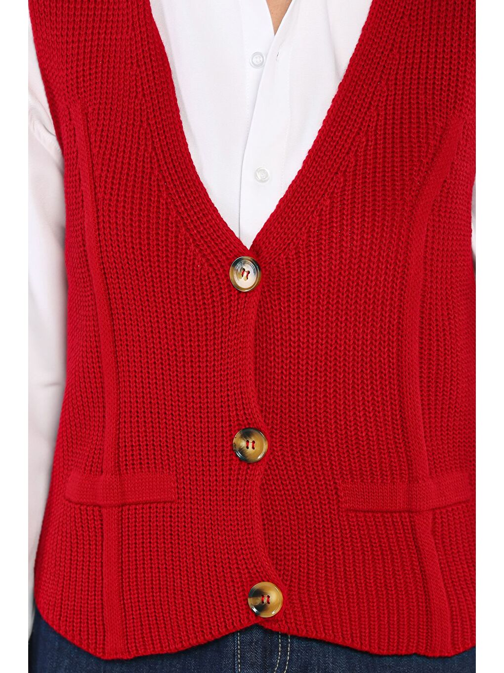 Kırmızı Kadın Düğmeli Triko Yelek (s-m-l-xl Uyumludur)-3