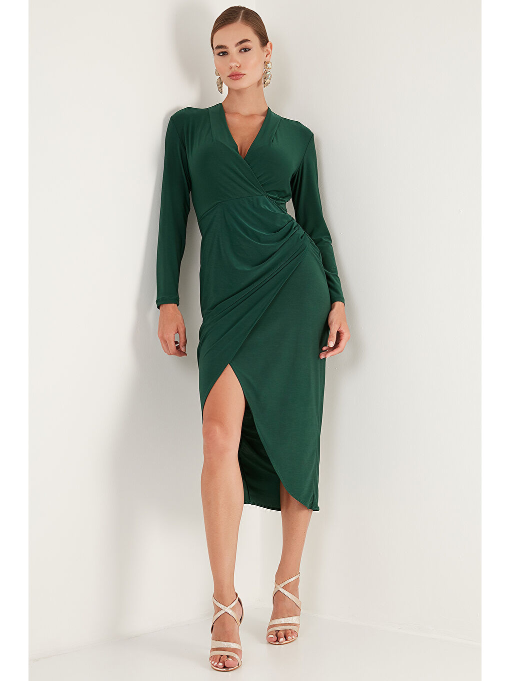 Yeşil Kruvaze Yaka Yırtmaçlı Drape Detaylı Midi Elbise 611El1769-5