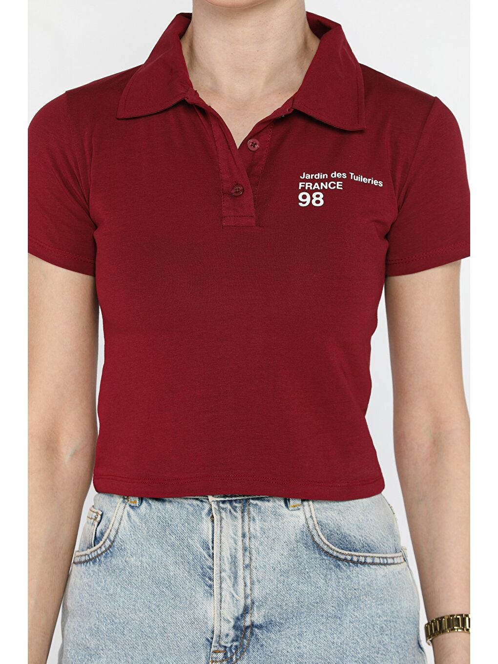Bordo Polo Yaka Yarım Düğmeli Kadın Tişört-2
