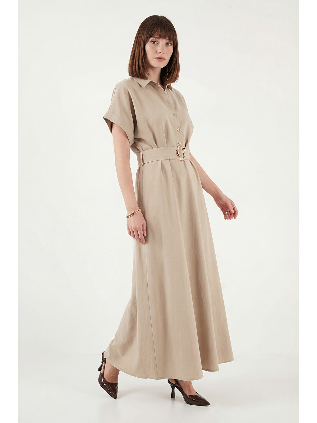 Bej Gömlek Yaka Kemerli Maxi Boy Elbise 6922376-1