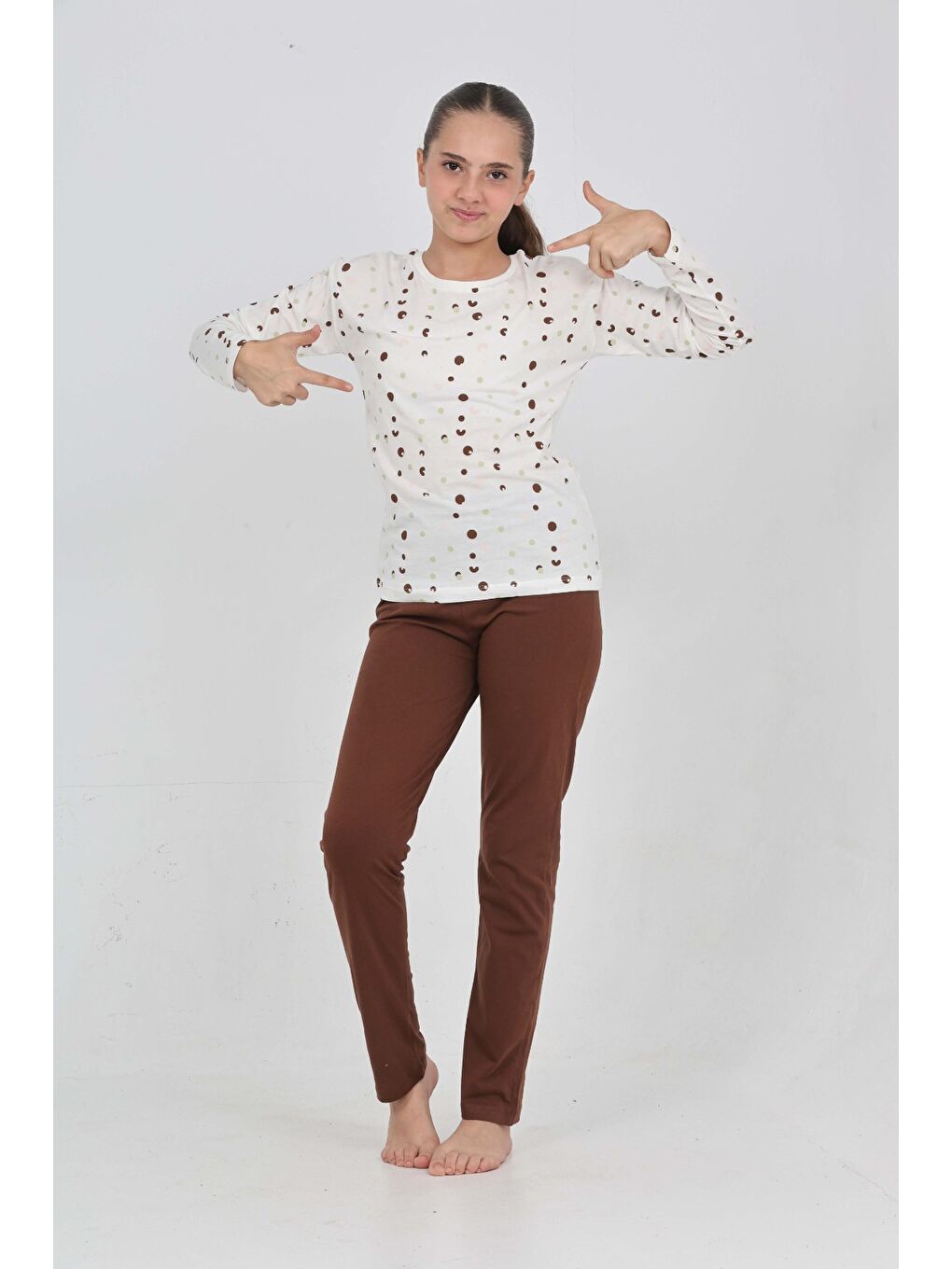 Kahverengi Kız Çocuk Karma Baskılı Pijama Takım-3