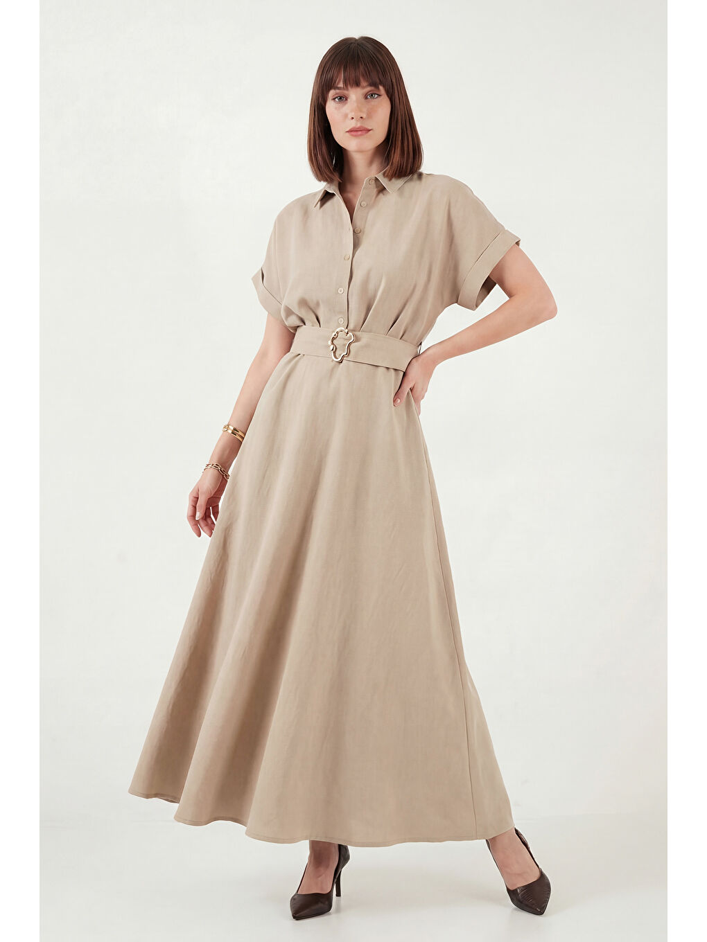 Bej Gömlek Yaka Kemerli Maxi Boy Elbise 6922376-2
