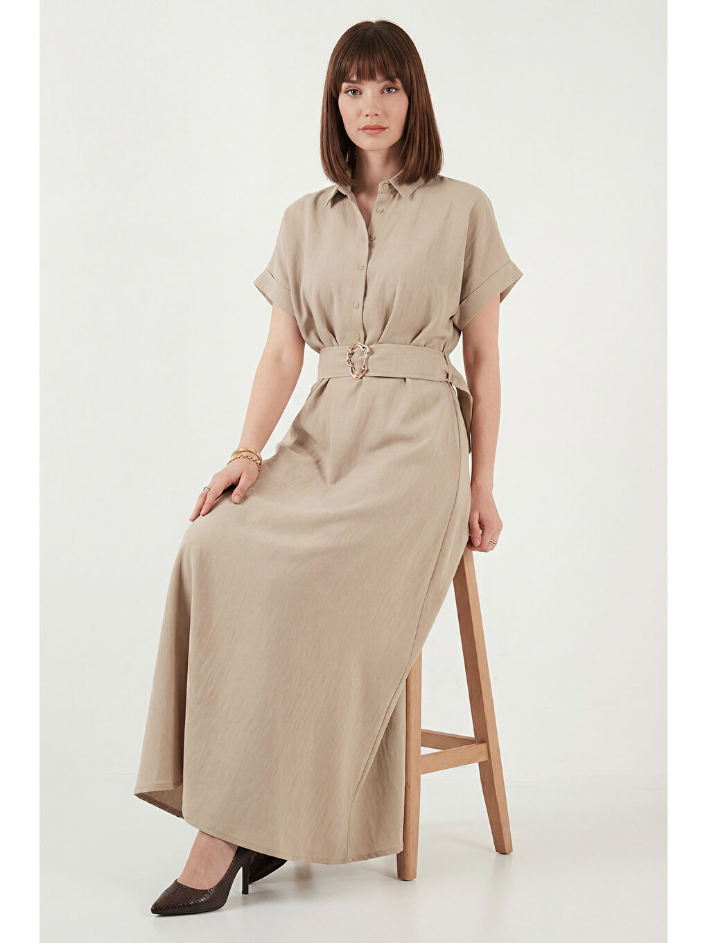 Bej Gömlek Yaka Kemerli Maxi Boy Elbise 6922376-3