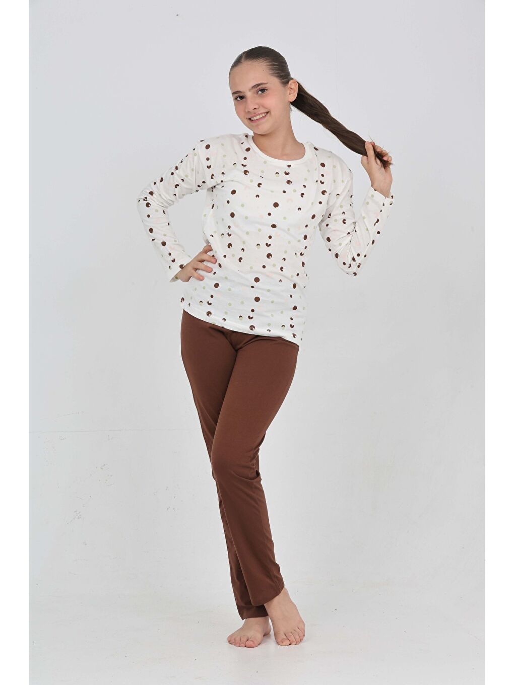 Kahverengi Kız Çocuk Karma Baskılı Pijama Takım-4