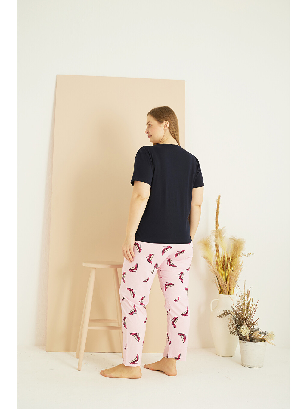 Lacivert Desenli Curve Büyük Beden Battal Boy Pamuklu Pijama Takım25103767-2