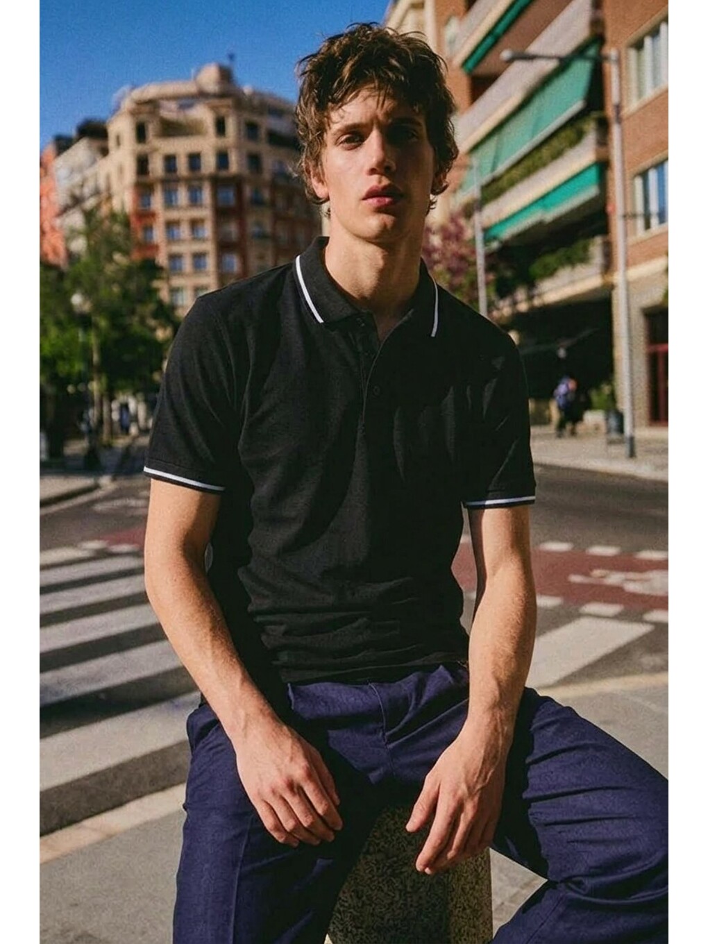 Erkek Düğmeli Fashion Siyah Polo Yaka Tişört-1