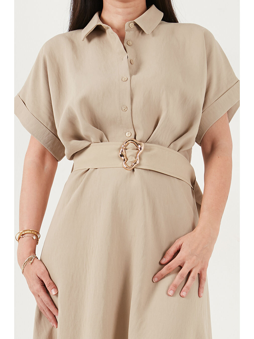 Bej Gömlek Yaka Kemerli Maxi Boy Elbise 6922376-5