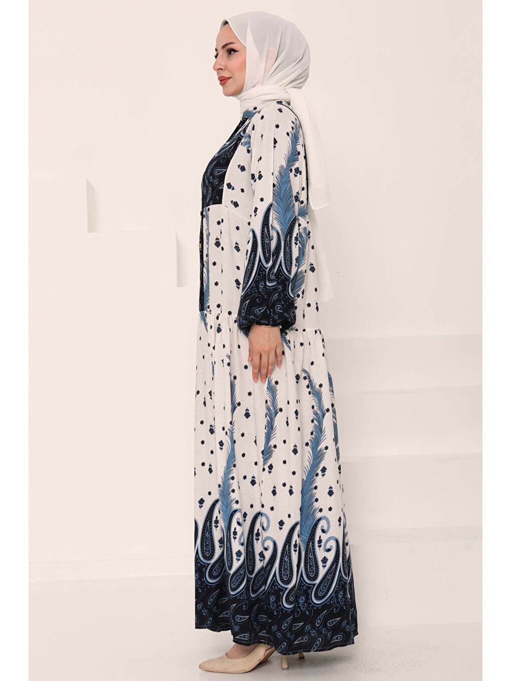 Desenli Düğmeli Elbise Lacivert - 27040-3