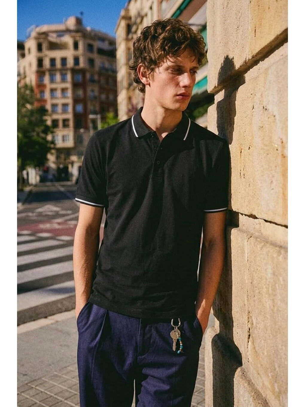 Erkek Düğmeli Fashion Siyah Polo Yaka Tişört-3