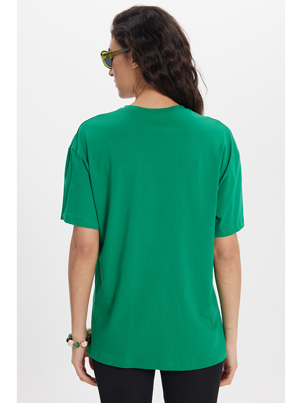 Kadın Slim Fit Dar Kesim %100 Pamuk Kısa Kollu Bisiklet Yaka Yeşil Tişört-5