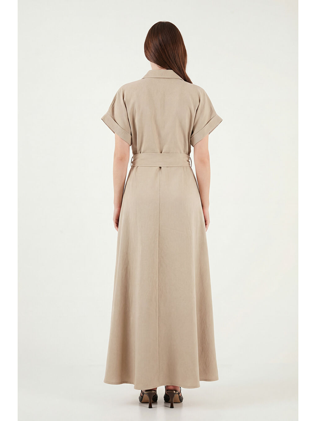 Bej Gömlek Yaka Kemerli Maxi Boy Elbise 6922376-6