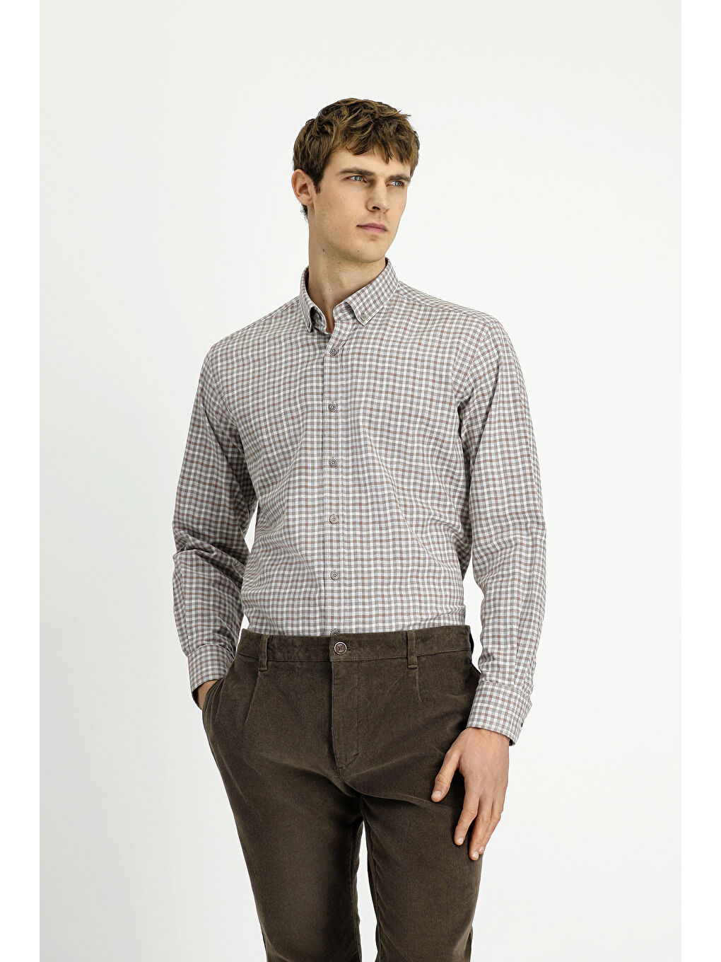 Bej Uzun Kol Regular Fit Düğmeli Yaka Spor Pamuk Ekose Oduncu Gömlek