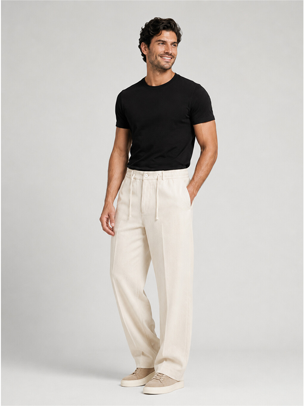 Erkek Ekru Relax Fit Bağcıklı Baggy Pantolon-1