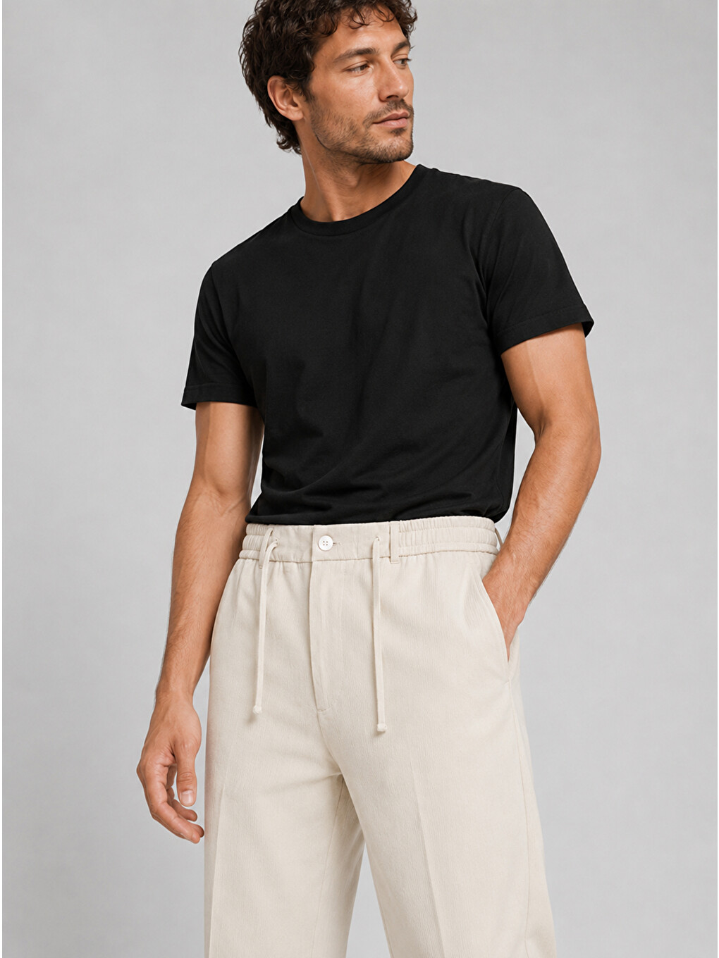 Erkek Ekru Relax Fit Bağcıklı Baggy Pantolon-2