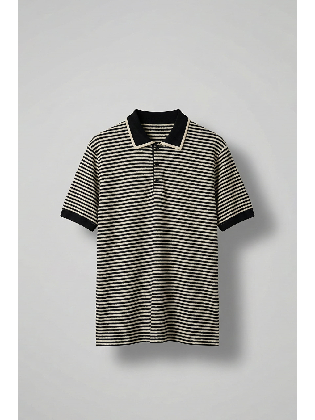 Erkek Regular Fit Çizgili Polo Yaka Örme T-Shirt Siyah