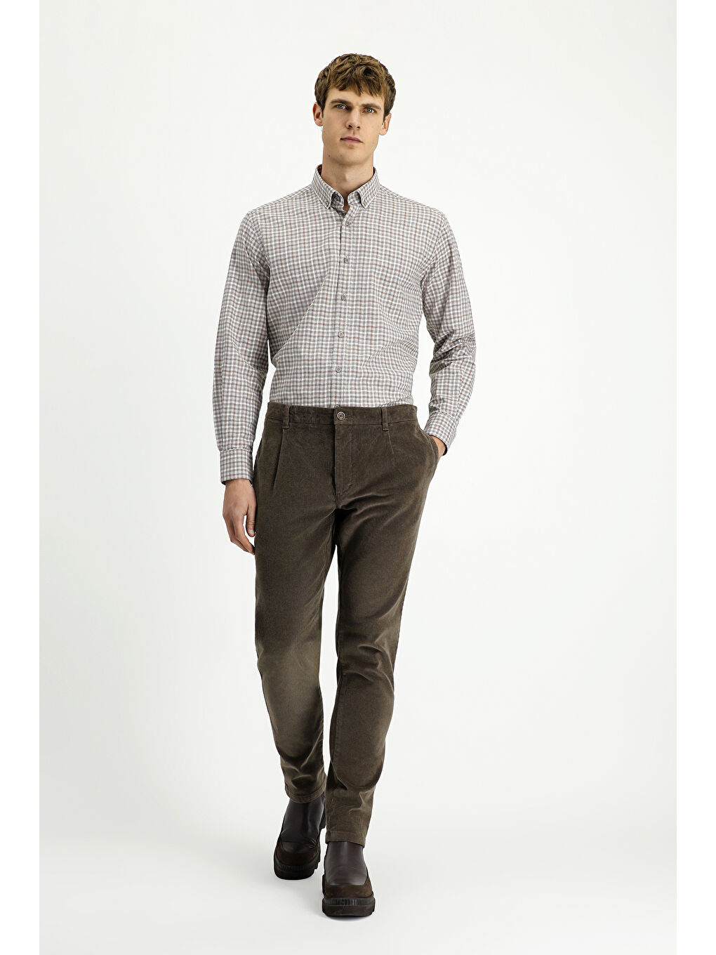 Bej Uzun Kol Regular Fit Düğmeli Yaka Spor Pamuk Ekose Oduncu Gömlek-1