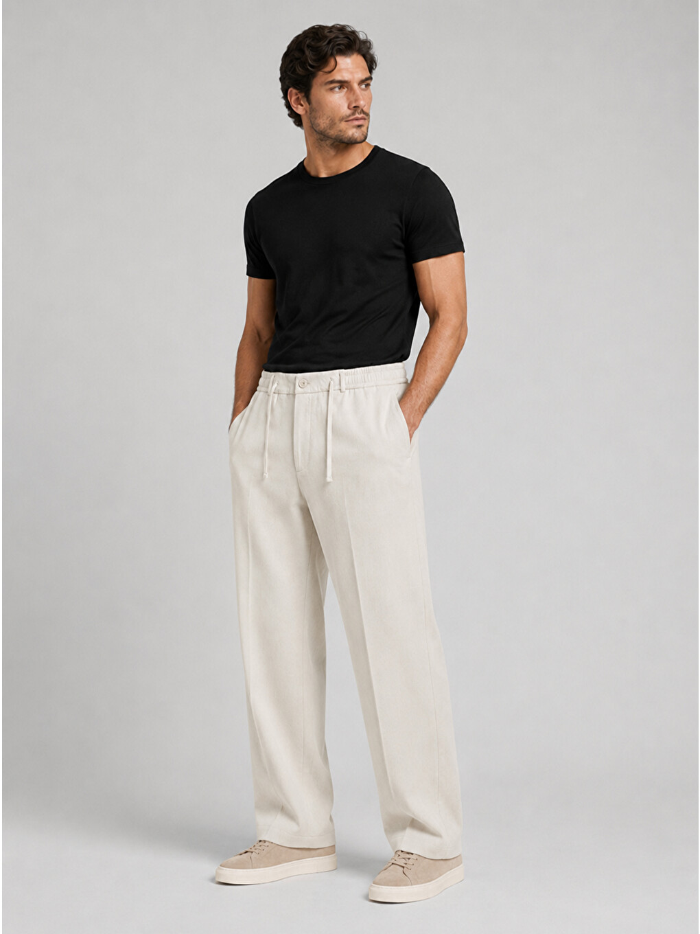 Erkek Ekru Relax Fit Bağcıklı Baggy Pantolon-5