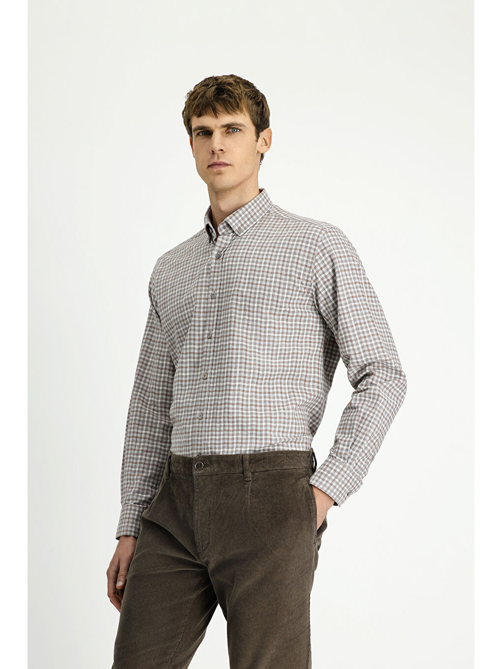 Bej Uzun Kol Regular Fit Düğmeli Yaka Spor Pamuk Ekose Oduncu Gömlek-2