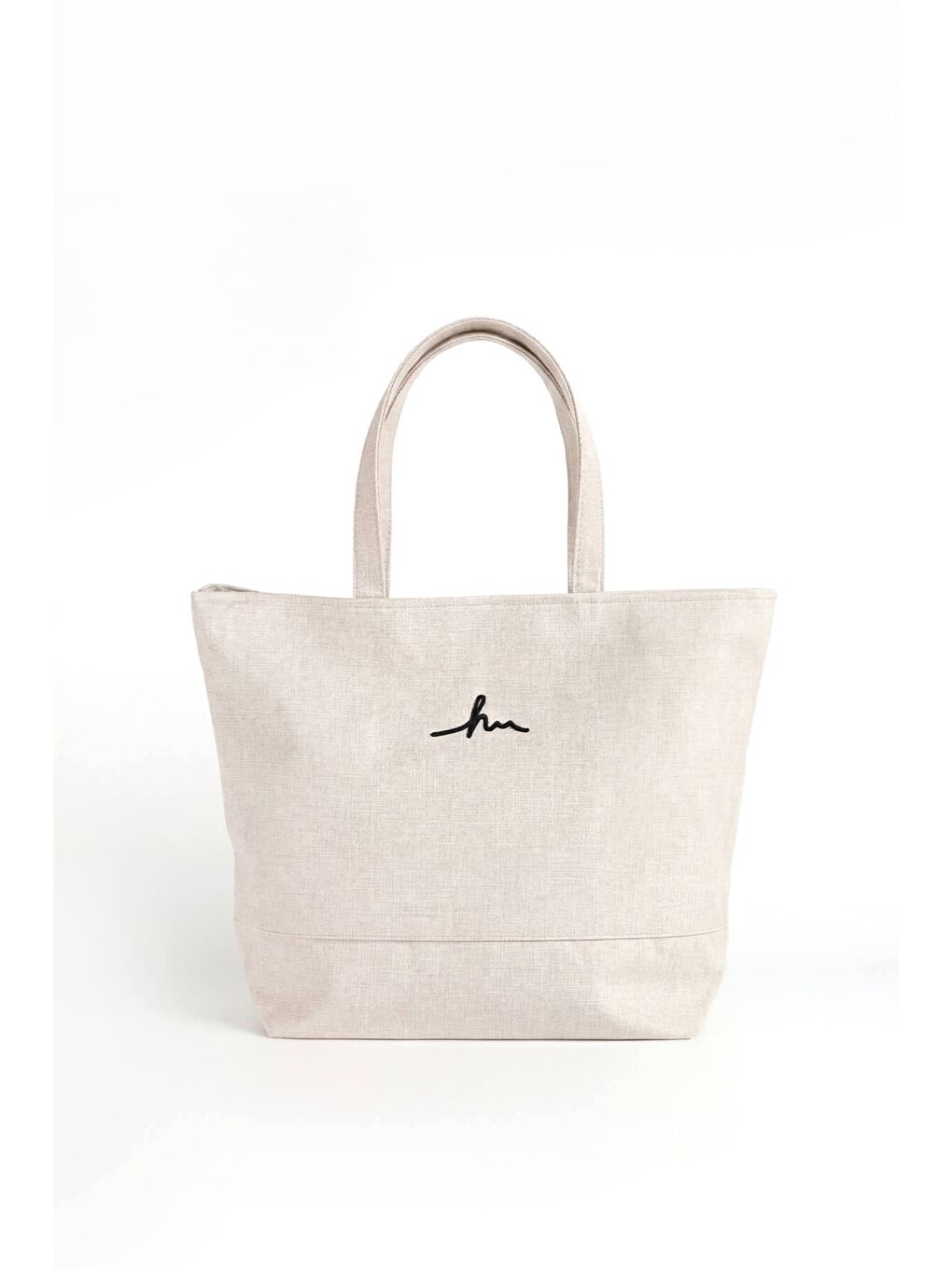 Bej İmza Detaylı Nakışlı Fermuarlı Keten Plaj Çantası Ekru Renk 35