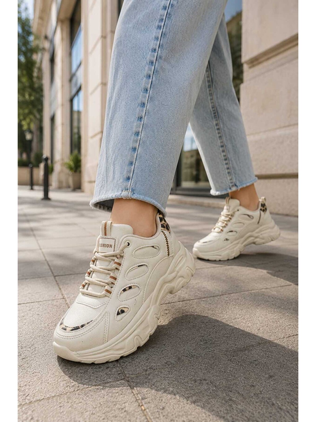 Bej Kadın, Kalın Tabanlı, Bağcıklı, Günlük Spor Ayakkabı Sneaker-1