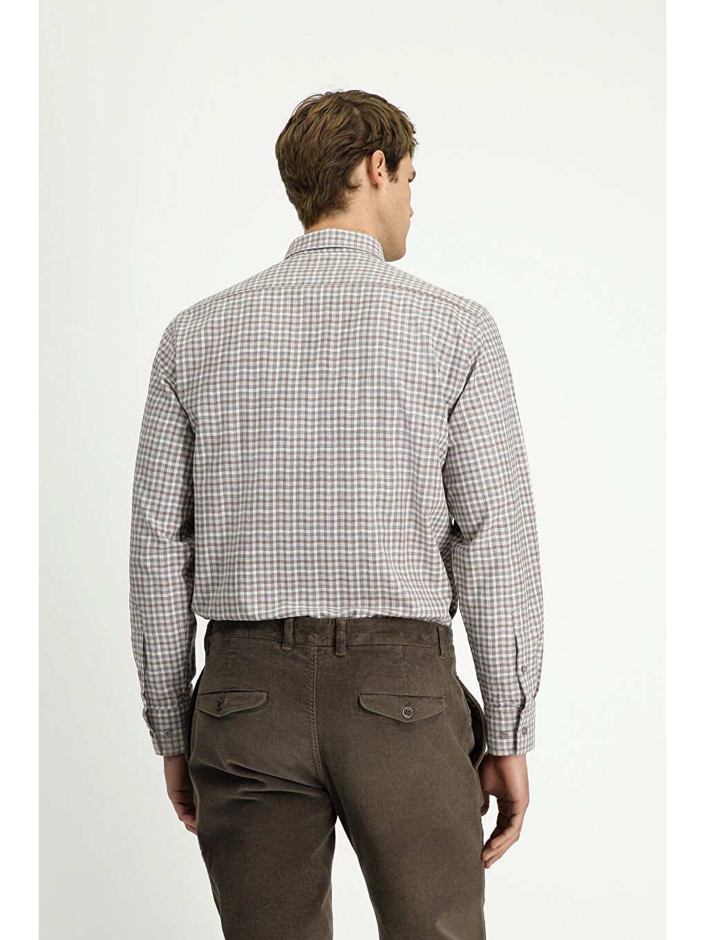 Bej Uzun Kol Regular Fit Düğmeli Yaka Spor Pamuk Ekose Oduncu Gömlek-3