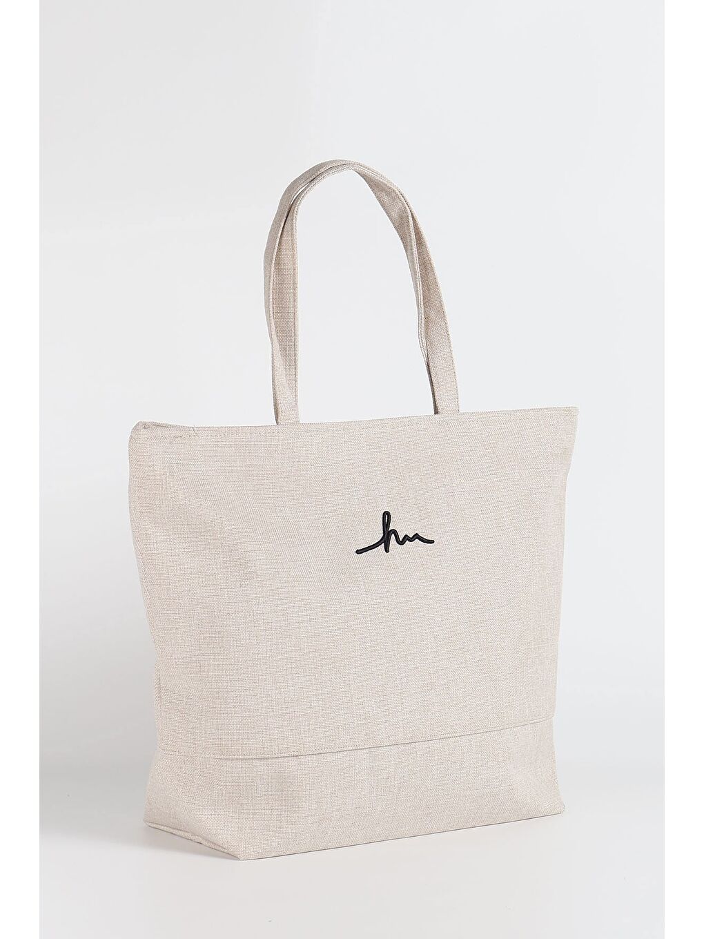 Bej İmza Detaylı Nakışlı Fermuarlı Keten Plaj Çantası Ekru Renk 35-2