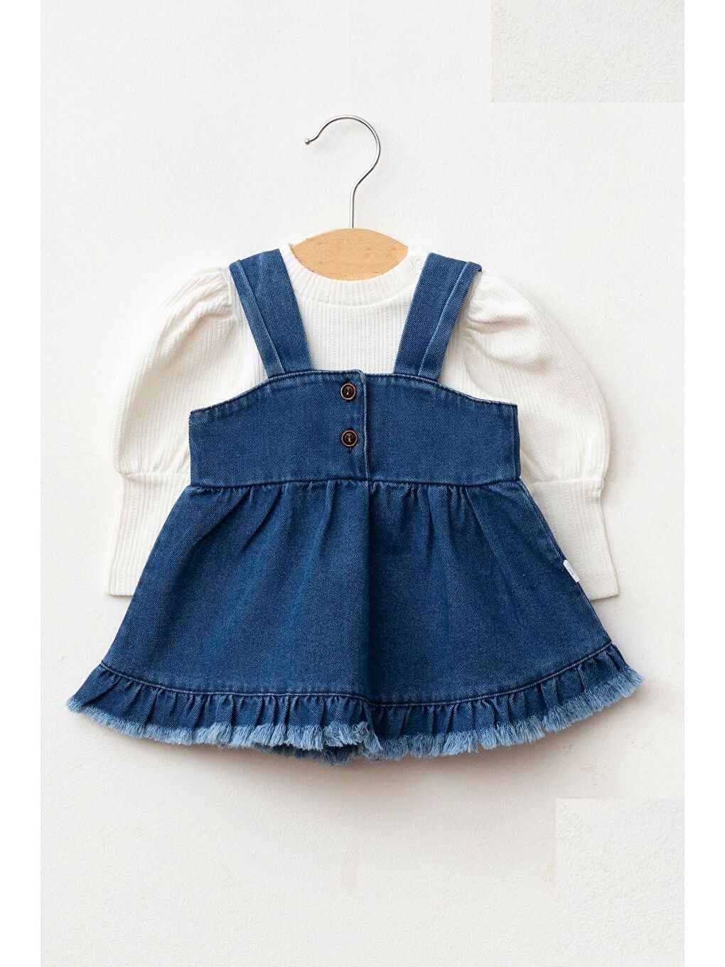 Mavi Kız Bebek Püsküllü Jean Jile Elbise Balon Bluz Lüks Jean Takım-1