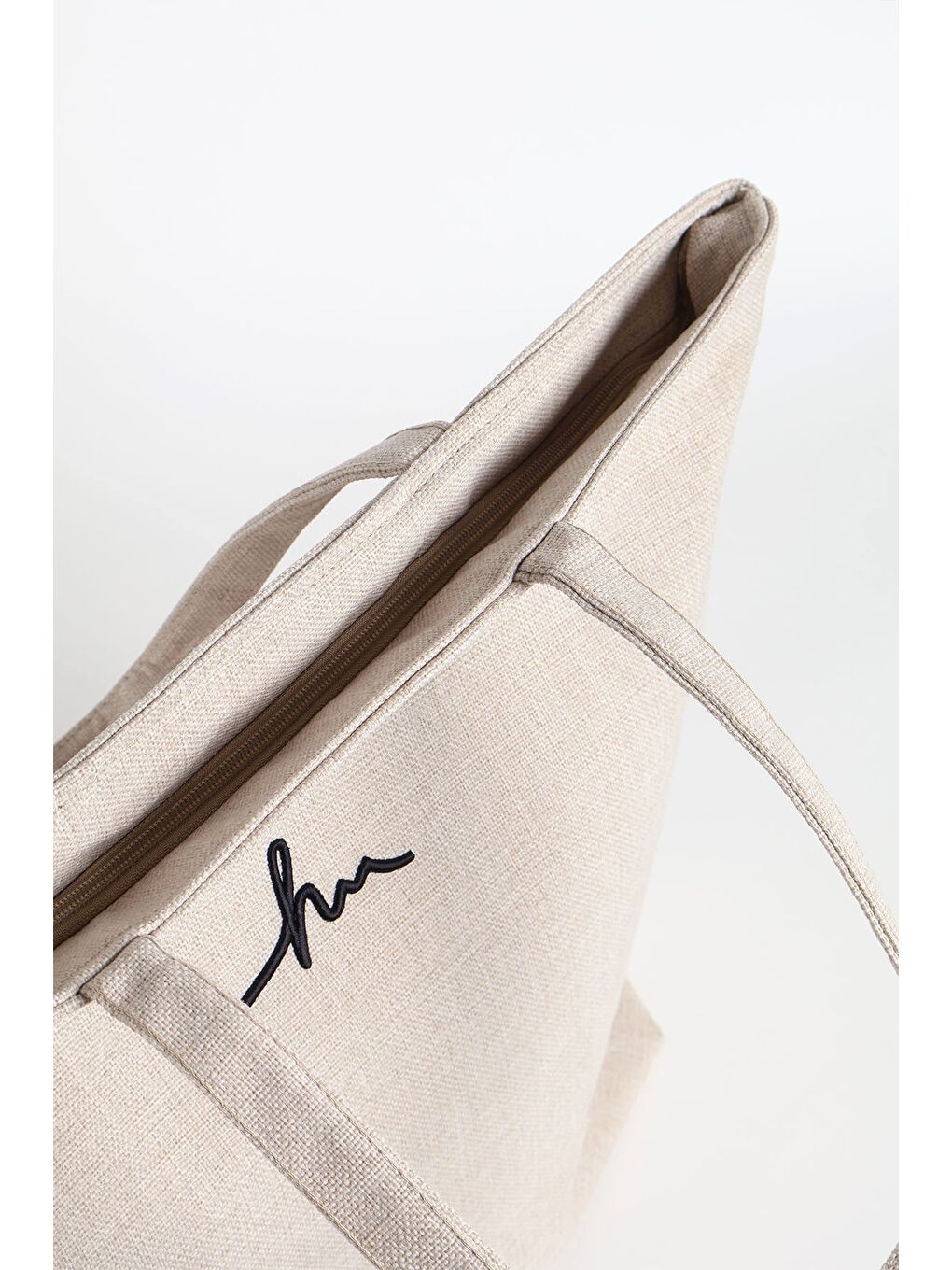 Bej İmza Detaylı Nakışlı Fermuarlı Keten Plaj Çantası Ekru Renk 35-3