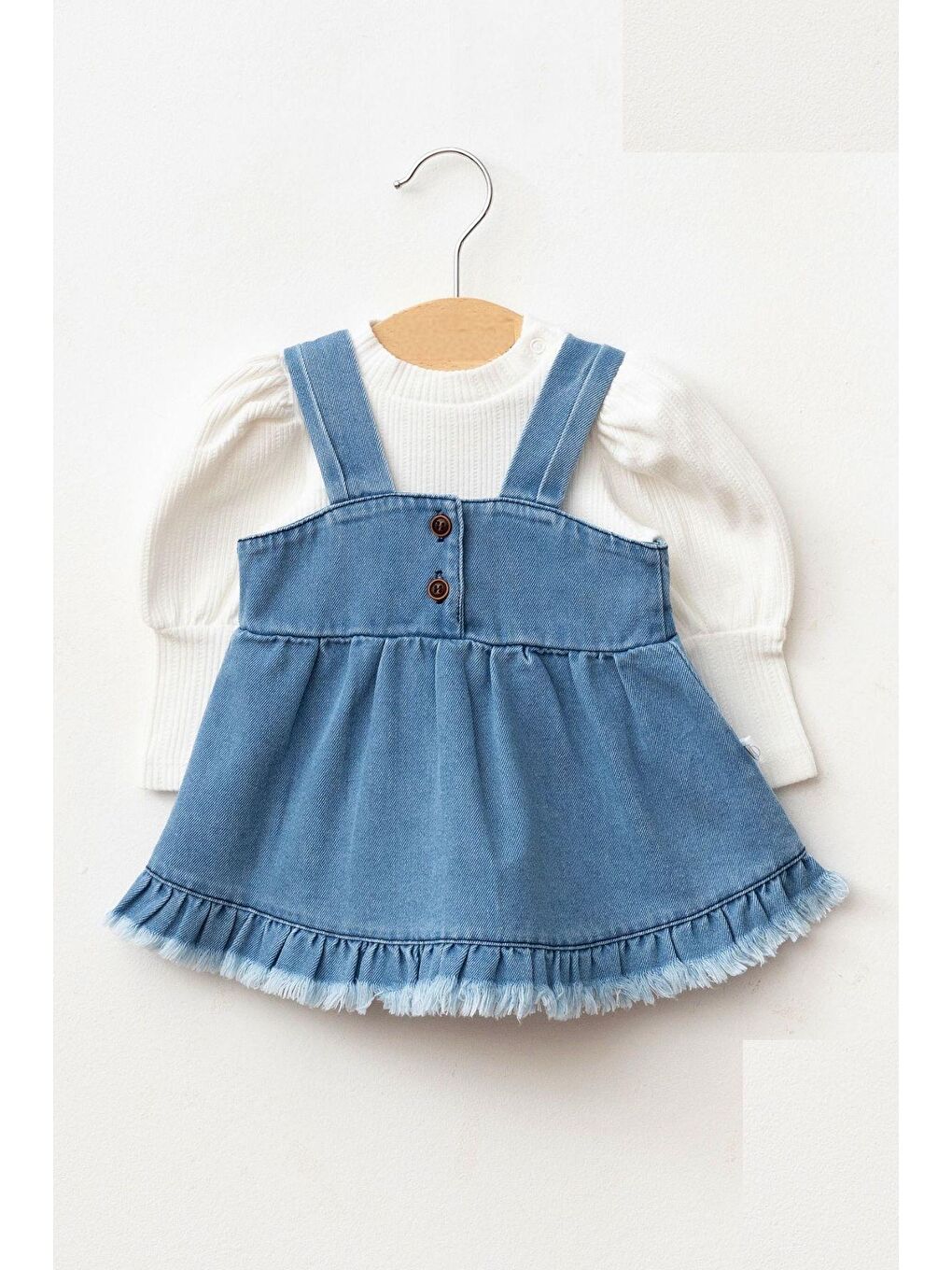 Mavi Kız Bebek Püsküllü Jean Jile Elbise Balon Bluz Lüks Jean Takım