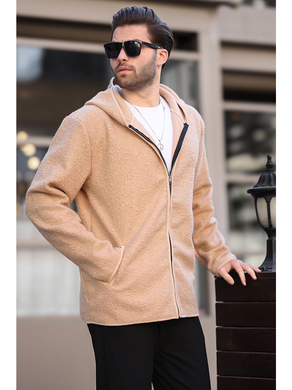 Bej Fermuarlı Pelüş Erkek Hırka E7080-1