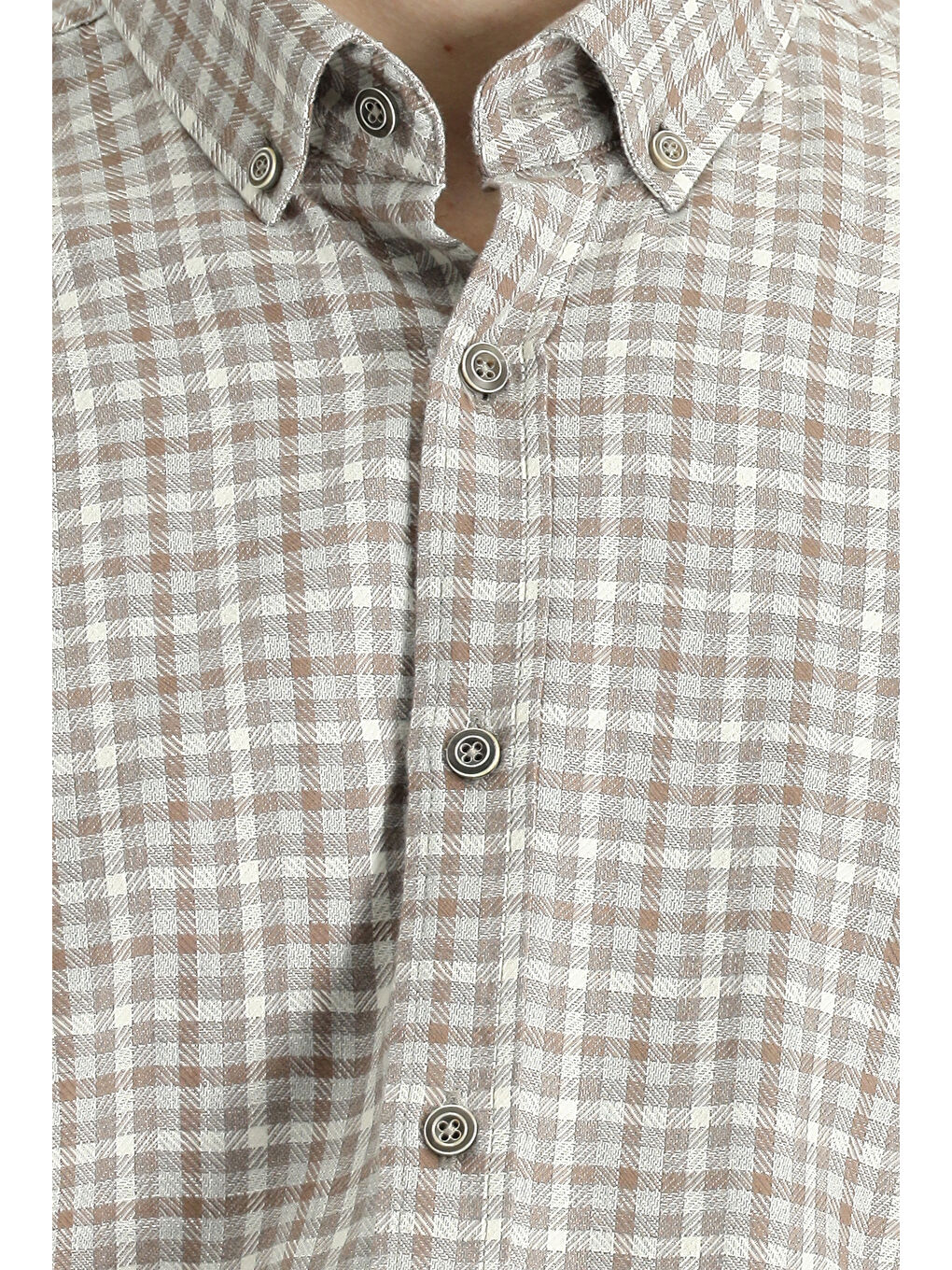 Bej Uzun Kol Regular Fit Düğmeli Yaka Spor Pamuk Ekose Oduncu Gömlek-4